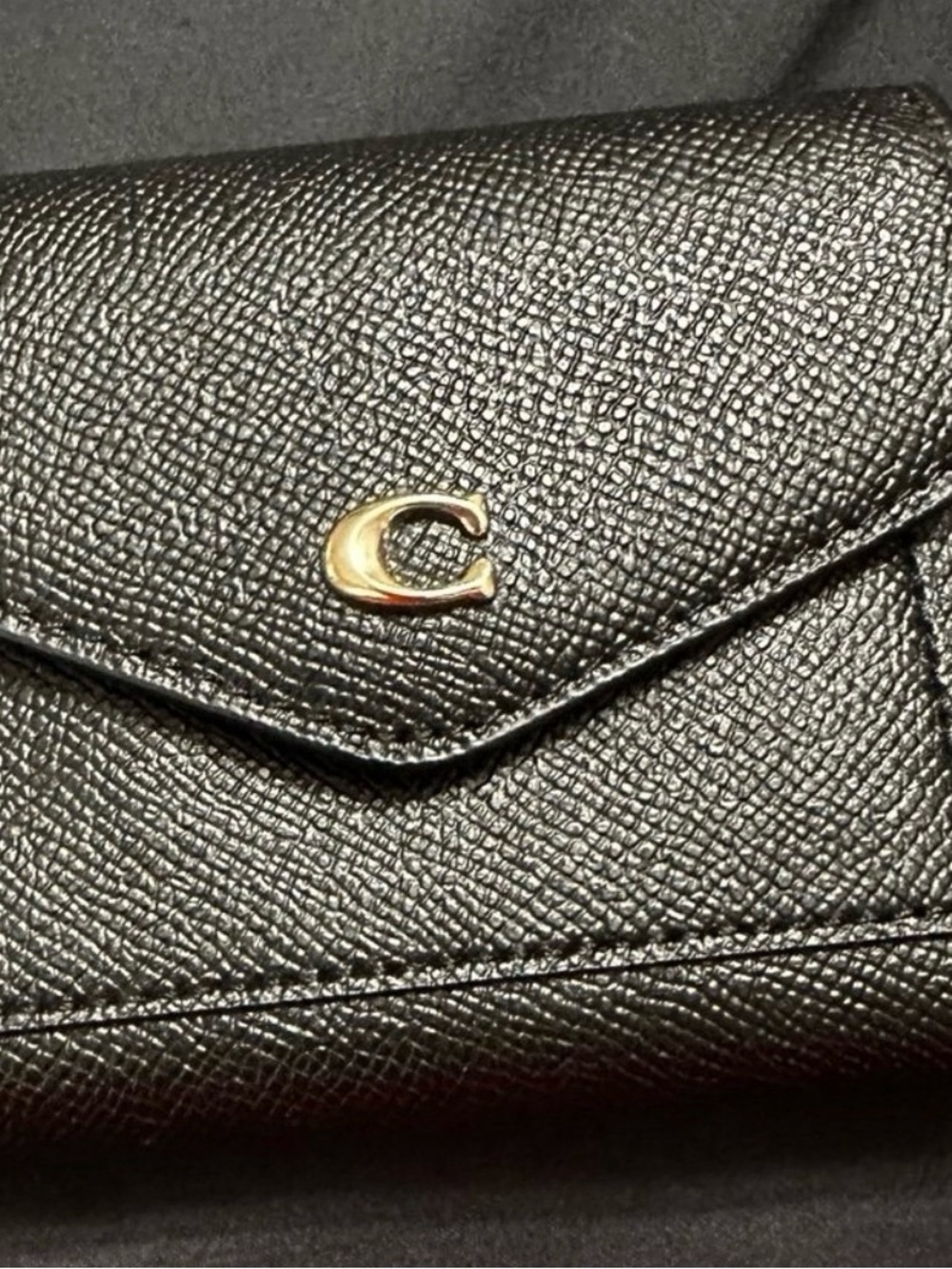 Coach Black Pebbled Leather Envelope Wallet with Gold C Accent